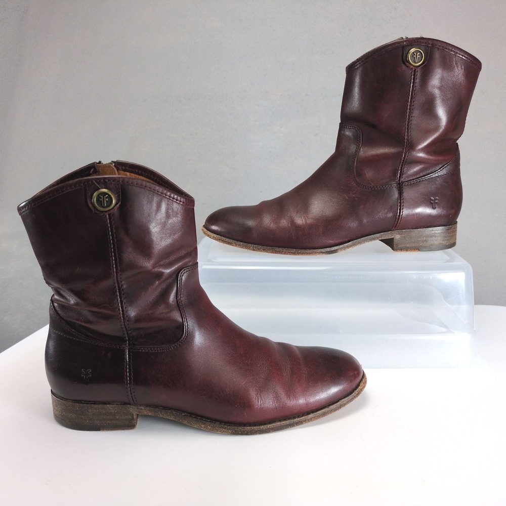 Frye Melissa Wine Leather Ankle Boots Womens 10 Side‎ Zip 1" Heel Moto Western